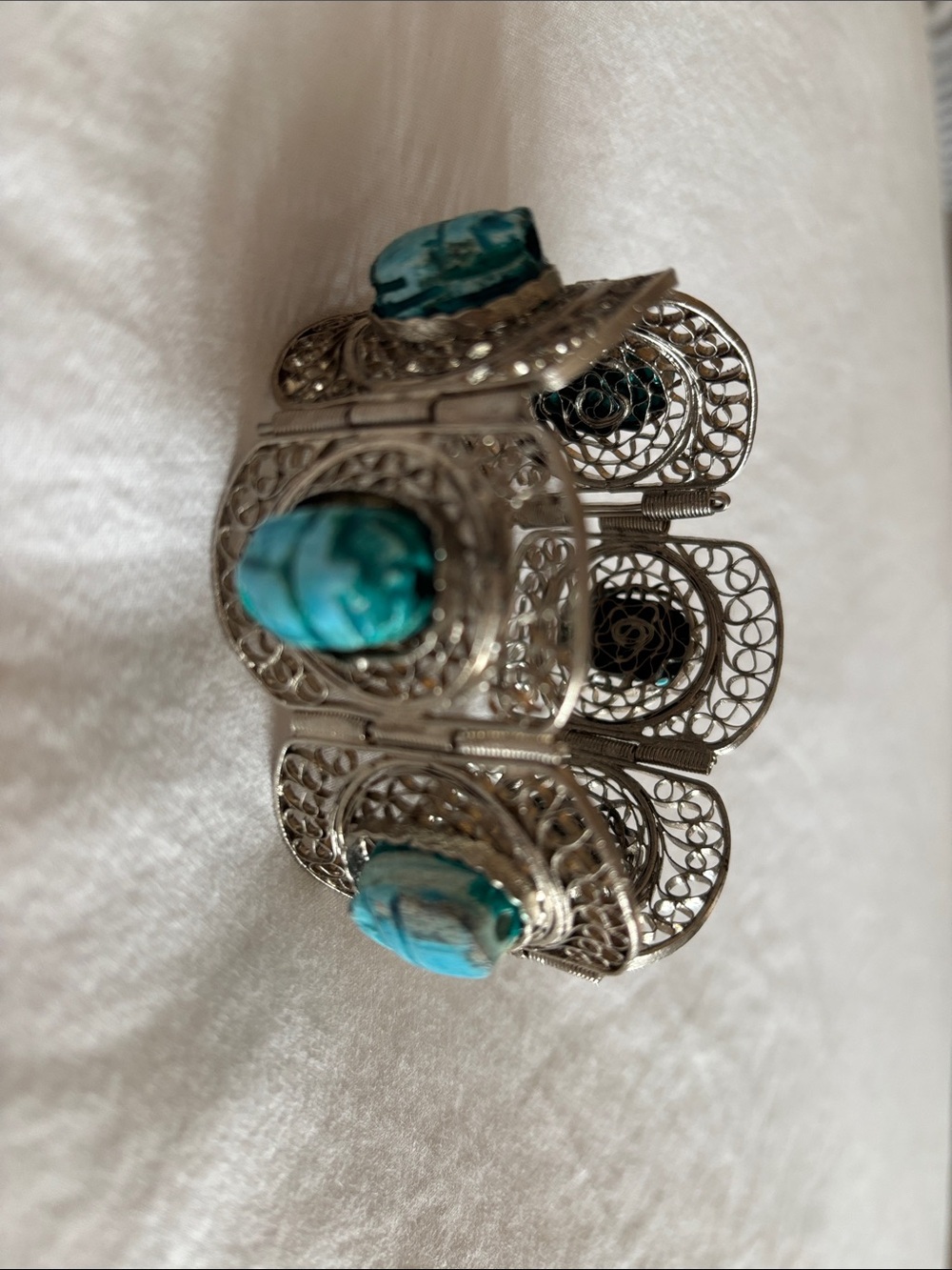 Vintage Egyptian Filigree SILVER Turquoise Linked Bracelet